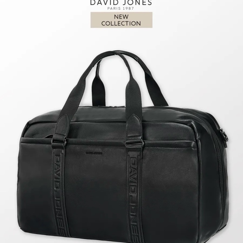 David Jones Black Leather Travel Duffle Bag Gym Weekender 20x11x9 in - Picture 12 of 12